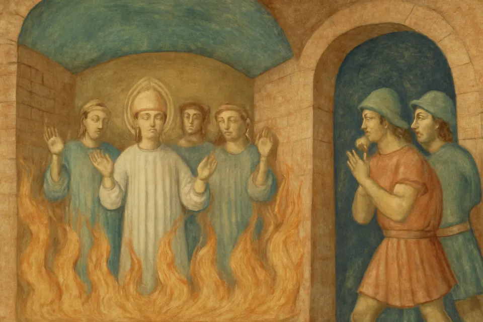 Fresco-style scene of a young bishop and several companions standing unharmed and praying amid the flames of a Roman bath furnace while guards draw back in fear