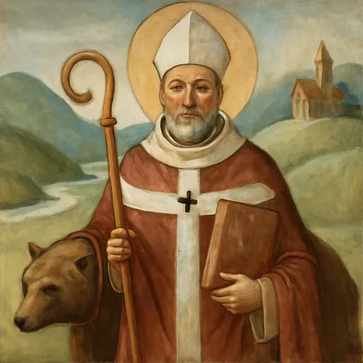 Oil-painting-style portrait of St. Corbinian as a strong-featured Frankish bishop in a miter and red cope, holding a crosier, with a brown bear carrying a pack at his side