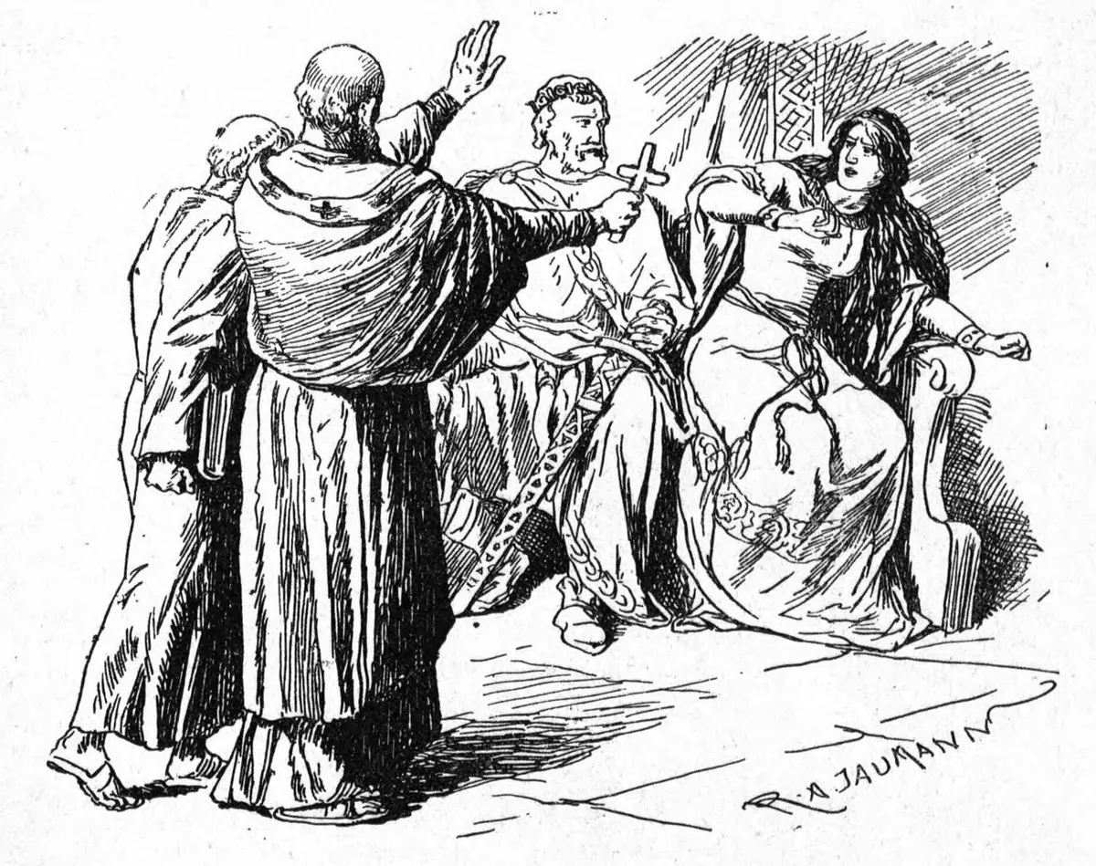 Black-and-white drawing of a monk-bishop raising his hand and a cross in rebuke before a crowned duke and a seated noblewoman who turns away