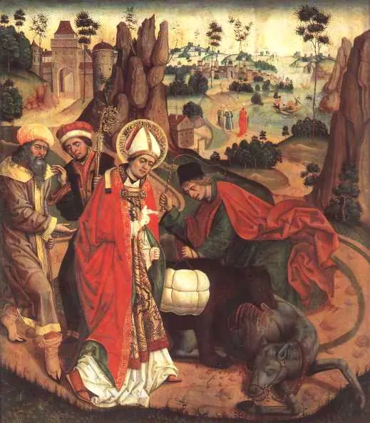 Late Gothic panel of a bishop in a red cope and white miter standing among travelers while a bear lies beside a white pack in a rocky landscape with a town behind