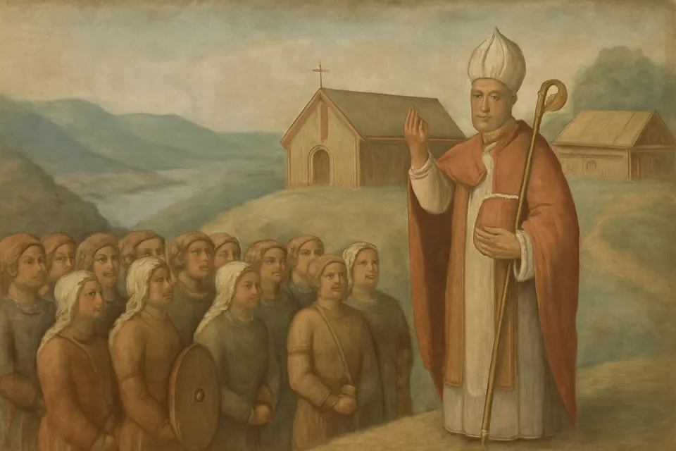Fresco-style scene of a bishop with a crosier preaching on a wooded hilltop to Bavarian farmers, women and warriors, with a small wooden church behind him