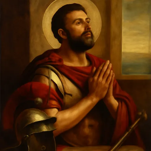 Oil-painting-style portrait of St. Cornelius the Centurion, a bearded Roman officer in armor and a red cloak, his helmet at his side, his hands joined in prayer