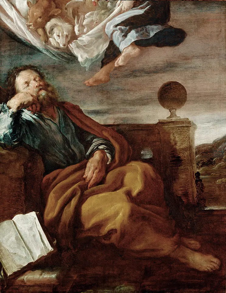 Bearded St. Peter dozing on a rooftop with an open book while a great sheet holding animals is let down from the clouds above him