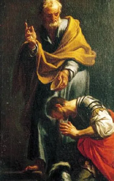 St. Peter in a gold cloak raises his hand over a kneeling Roman soldier in armor and a red cloak whose hands are joined in prayer