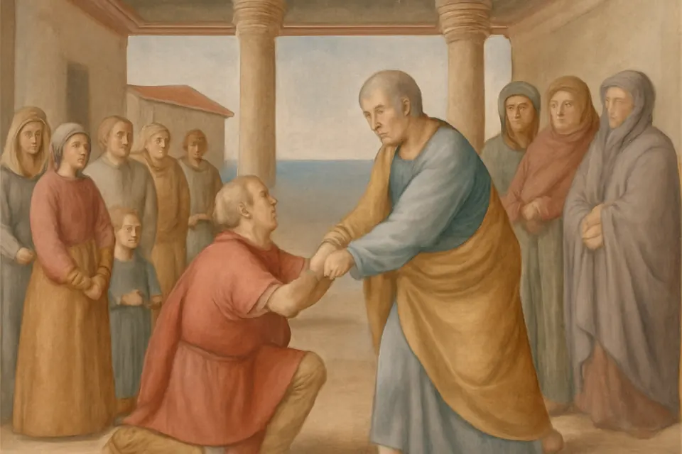 Fresco-style scene of St. Peter raising up the kneeling centurion Cornelius in his house at Caesarea while his family and friends look on