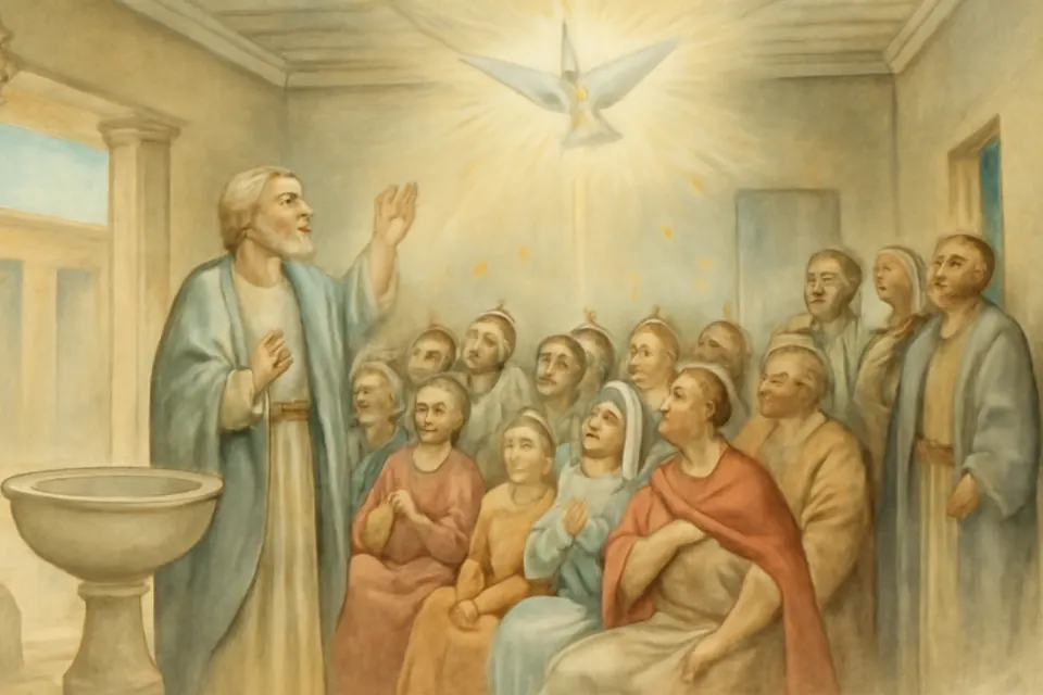 Watercolor scene of the Holy Spirit falling on Cornelius and his household as St. Peter preaches, before their baptism
