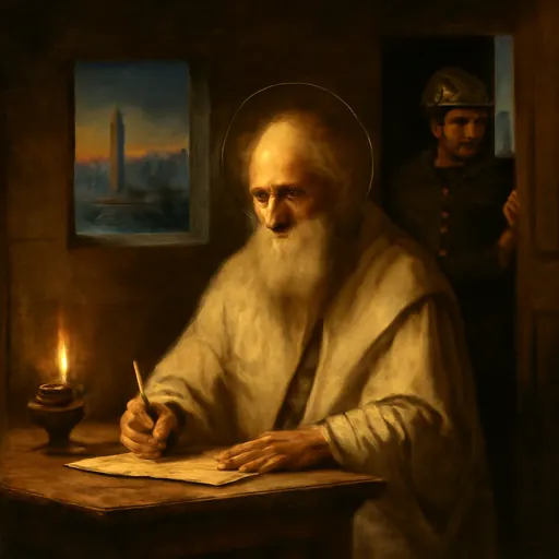 Oil-painting-style scene of an elderly bishop in a plain white cloak writing a letter by lamplight in a small stone room, with a harbor and ships visible through the window