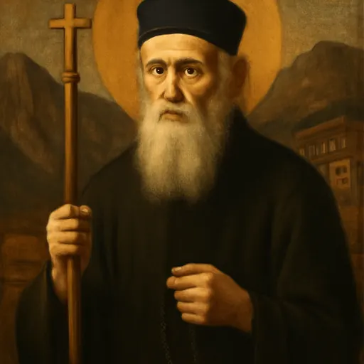Oil-painting-style portrait of St. Cosmas of Aetolia, a white-bearded Greek monk in a black habit and cap holding a tall wooden cross and a prayer rope