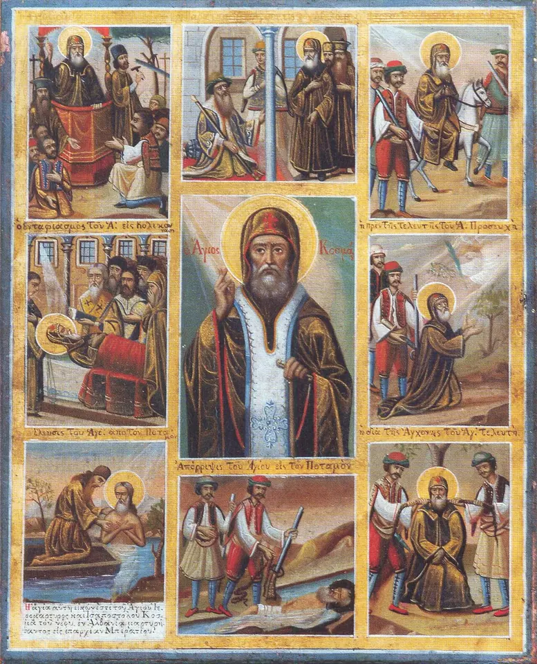 Icon with St. Cosmas standing in the center in a monk's habit, surrounded by eight small panels of his preaching, arrest and death