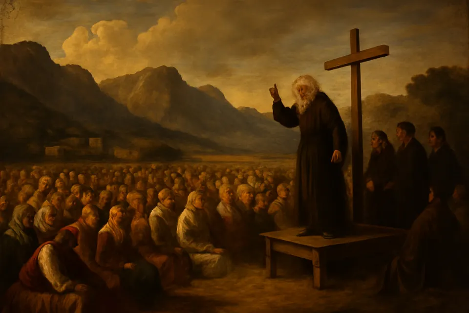 Oil-painting-style scene of St. Cosmas preaching from a wooden platform to a great crowd of villagers in an open field in the mountains of Epirus