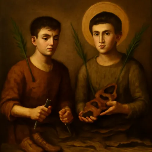 Oil-painting-style portrait of Sts. Crispin and Crispinian as two young shoemakers in Roman-era tunics at a workbench, one holding an awl and the other a leather shoe
