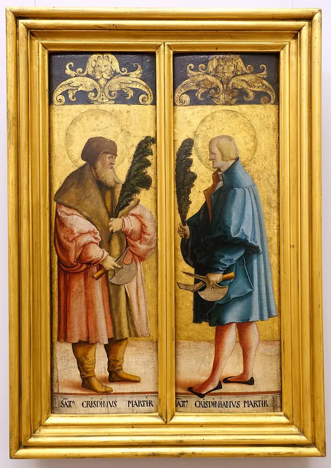 Two narrow gold-ground panels in a gilt frame, each showing one standing saint holding a palm branch and a shoemaker's knife, labeled Crispinus and Crispinianus