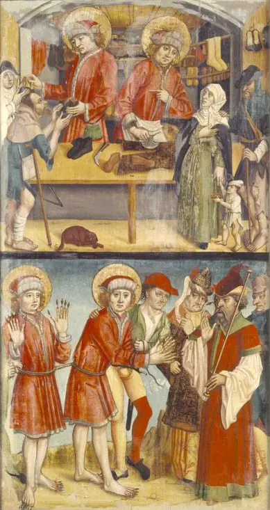 Two-part altar wing; above, two haloed shoemakers in red work at a bench while a woman and child wait; below, the brothers are led before a judge
