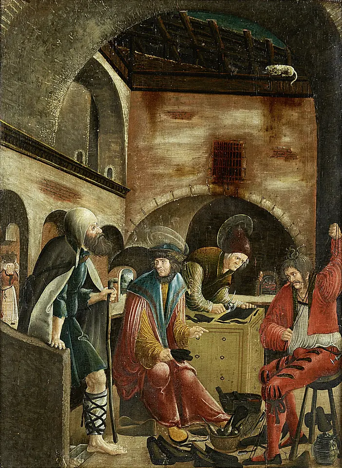Two haloed shoemakers in rich clothes sit at work in a vaulted stone workshop, with shoes on the floor and customers coming in from the left