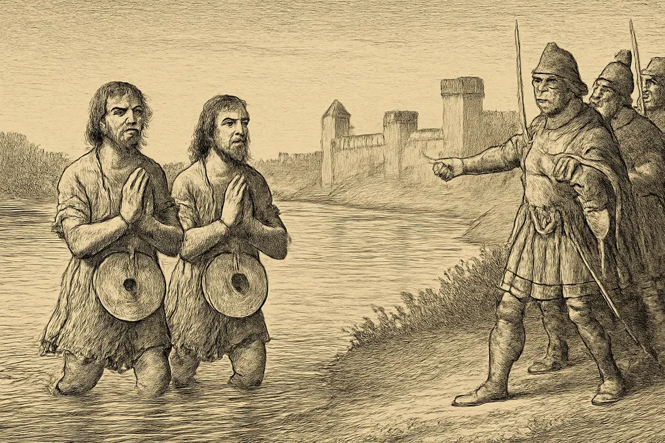 Engraving-style illustration of two young men with millstones around their necks wading safely out of a river as soldiers watch in astonishment