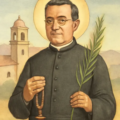 Watercolor-style portrait of St. Cristóbal Magallanes Jara, a Mexican parish priest of about fifty-five with round glasses and a black cassock, holding a rosary and a martyr's palm