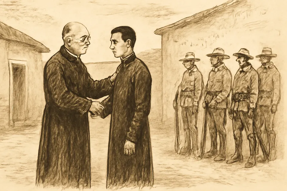 Ink-drawing-style scene of an older priest in a cassock comforting a younger priest in a dusty courtyard while soldiers in 1920s Mexican uniforms wait at a distance