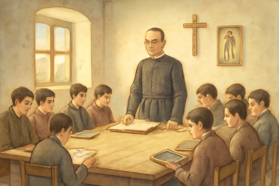 Watercolor-style scene of a priest in a black cassock teaching a small group of teenage seminarians around a wooden table in a whitewashed room in a Mexican mountain town