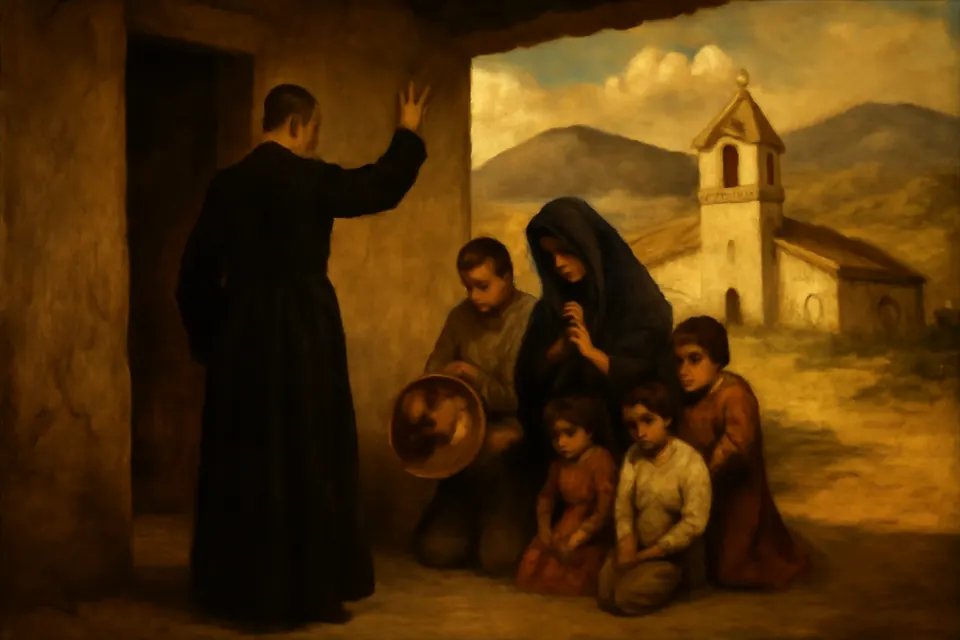 Oil-painting-style scene of a parish priest in a black cassock, seen from behind, blessing a kneeling family at the door of an adobe house in rural Mexico