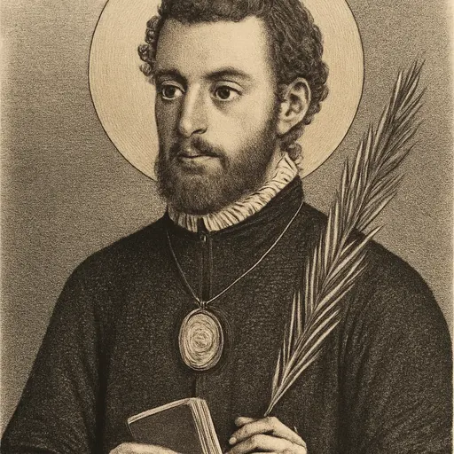 Engraving-style portrait of St. Cuthbert Mayne, an English priest of the 1570s with dark curly hair and a short beard, in a black cassock, holding a martyr's palm and a small Bible