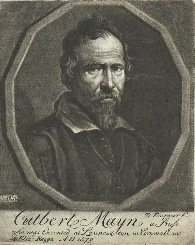 An eighteenth-century engraving of a bearded man with curly hair and a falling white collar inside a ten-sided frame, with a caption in flowing script below