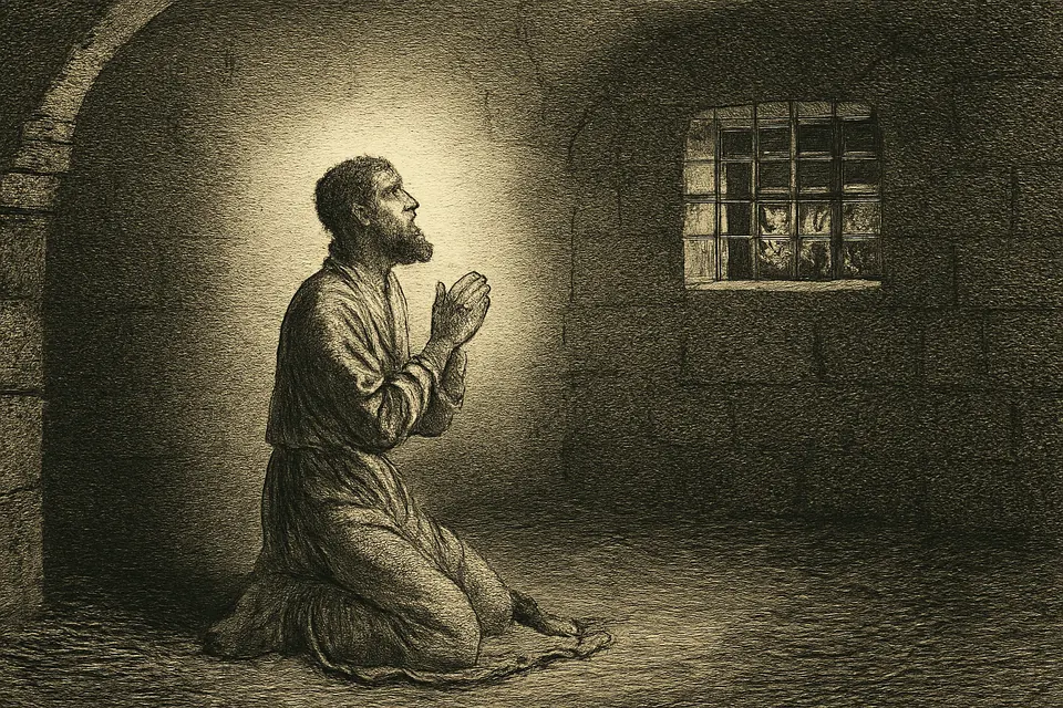 Engraving-style scene of a priest kneeling in prayer in a dark prison cell filled with a soft bright light, while prisoners in the next cell peer through a grating