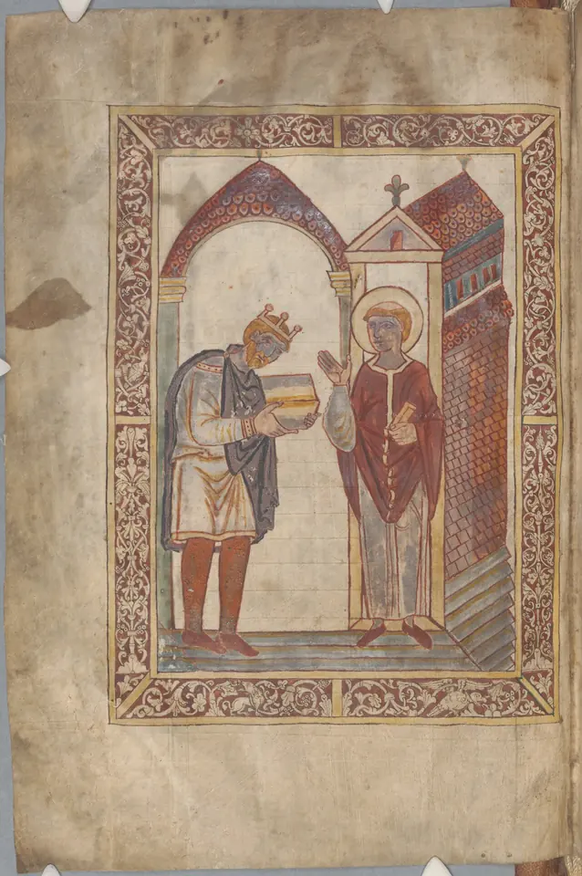 Anglo-Saxon manuscript painting of a crowned king bowing and holding out a book to a haloed saint standing at the door of a church, inside a decorated border