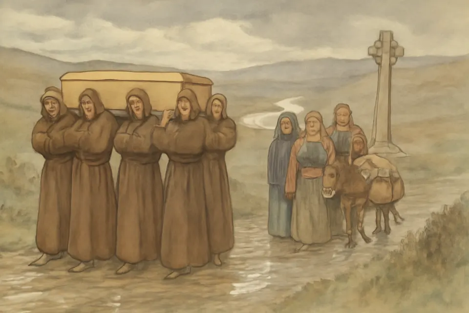 Illustration of the monks of Lindisfarne carrying St. Cuthbert's coffin across northern England to escape the Vikings