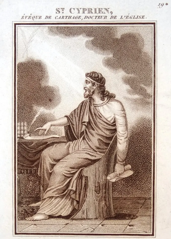 Eighteenth-century French engraving of Cyprian seated at a desk in a flowing robe, pen in hand, turning toward a light breaking through the clouds