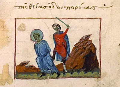 Small Byzantine manuscript painting of a kneeling saint in a blue robe with a halo, as a soldier in red raises a sword behind him beside a brown rock