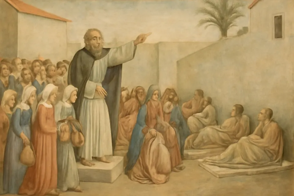 Illustration of Bishop Cyprian urging the Christians of Carthage to care for the sick of every faith during the plague