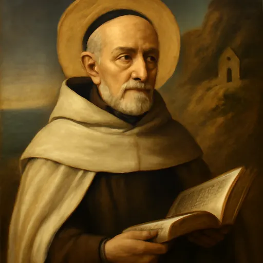 Oil-painting-style portrait of St. Cyril of Constantinople as an elderly Carmelite friar with a short white beard, in a white cloak over a brown habit, holding an open book
