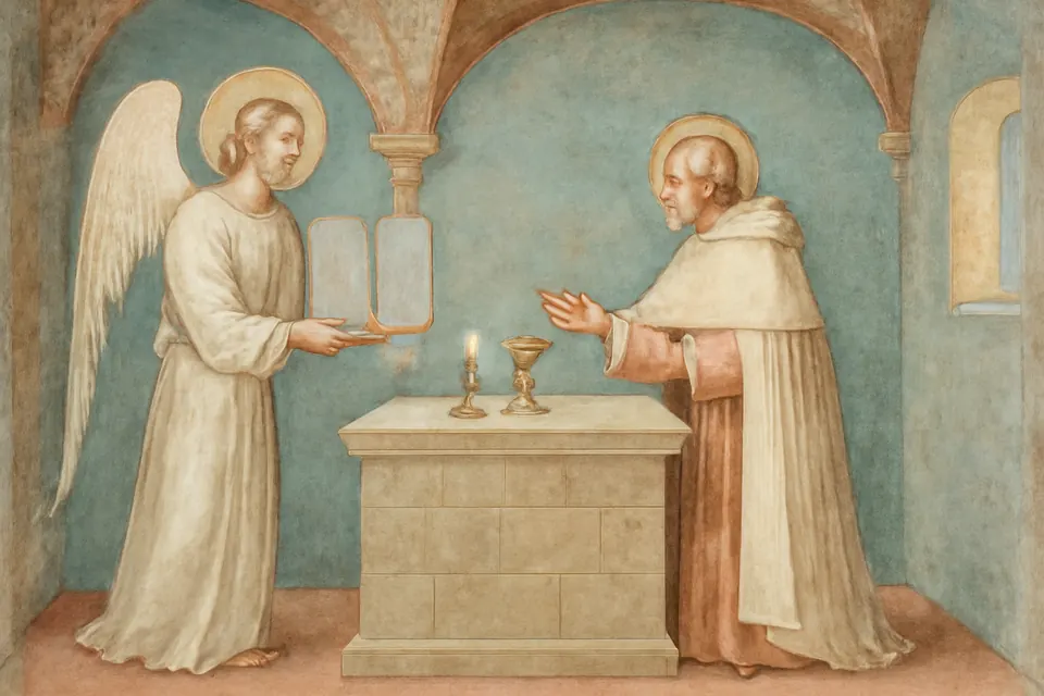 Fresco-style scene of an angel appearing beside a stone altar to an old priest celebrating Mass, holding out two silver tablets
