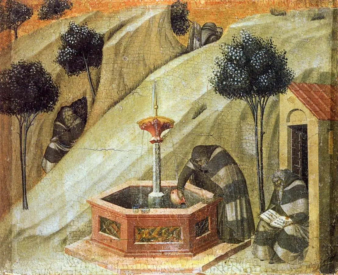 A fourteenth-century gold-toned panel of hermits in striped cloaks drawing water at a red stone fountain on a hillside, with caves and trees above