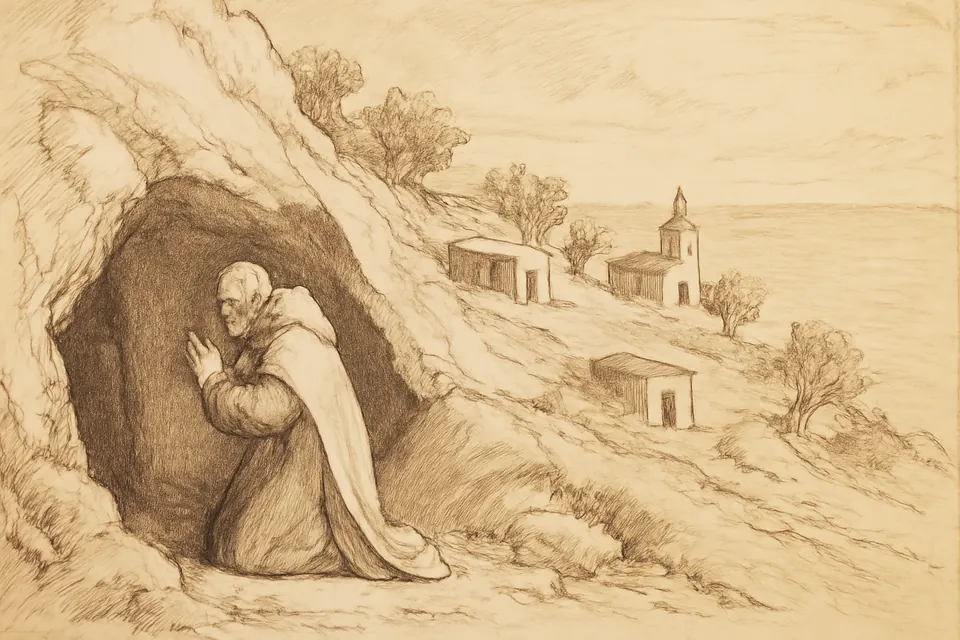 Ink-drawing-style scene of an old hermit in a cloak praying at the mouth of a cave on a rocky mountainside above the sea, with other small hermit cells along the slope
