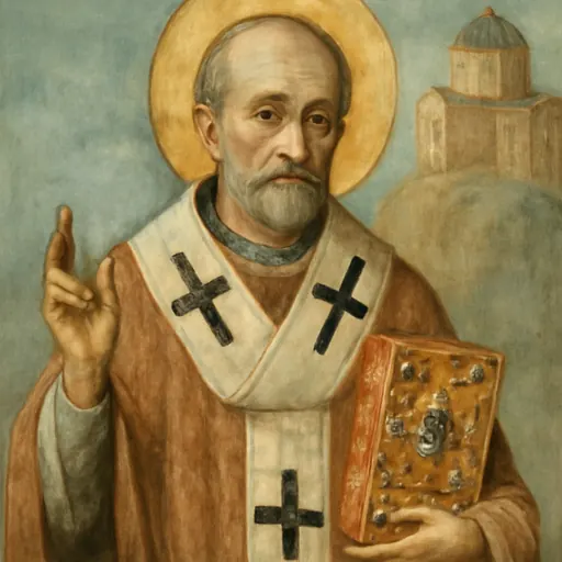 Fresco-style portrait of St. Cyril of Jerusalem as a gray-bearded bishop in a white omophorion marked with crosses, holding a book of his Catecheses
