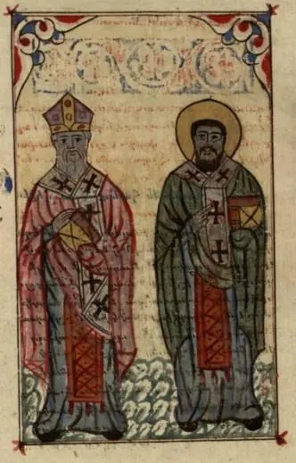 Manuscript painting of two standing bishops in red and green vestments with crosses on their stoles, St. Athanasius on the left and St. Cyril on the right, under a decorated header of Greek text
