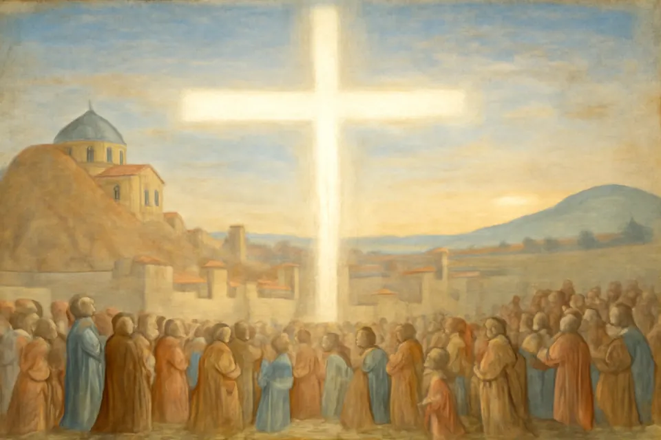 Illustration of a huge cross of light shining in the morning sky over Jerusalem as crowds in the streets look up