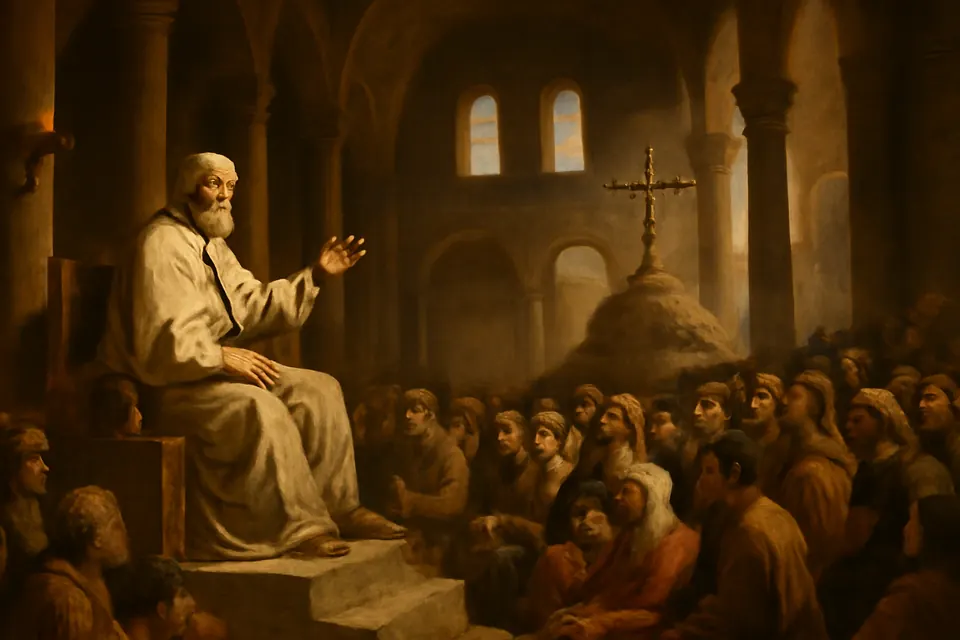 Illustration of Bishop Cyril teaching a crowd of catechumens in white beside the rock of Golgotha inside a great 4th-century basilica