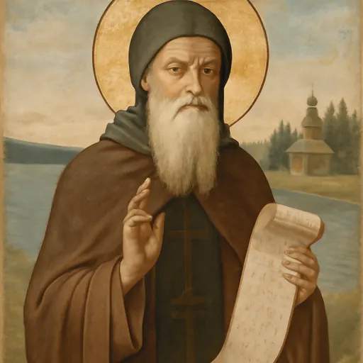 Fresco-style portrait of St. Cyril of White Lake as an elderly Russian monk with a long white beard, in a dark mantle, holding an unrolled scroll