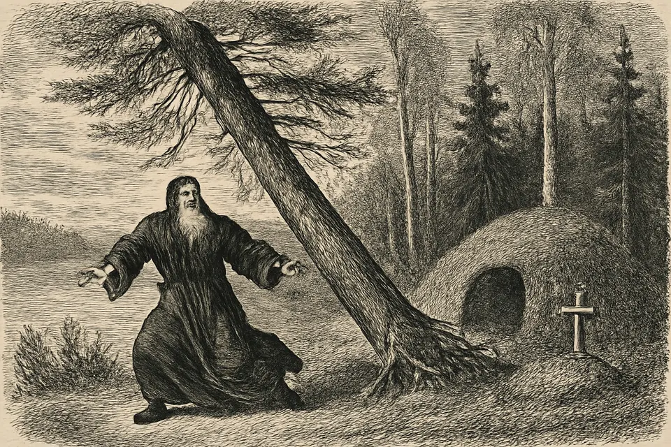 Engraving-style scene of an old monk leaping away from a tall pine tree as it crashes down in a northern forest beside a lake