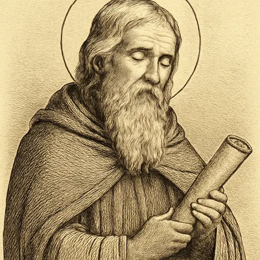 Engraving-style portrait of St. Dallán Forgaill as an elderly blind Irish poet in a heavy cloak, his eyes closed, holding a scroll of verse