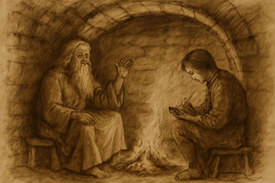 Ink-drawing-style scene of an old blind poet sitting by a turf fire at night, composing aloud while a young scribe writes on a wax tablet