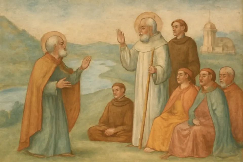 Fresco-style scene of a blind poet reciting before an old abbot in a white cowl at an open-air assembly of Irish kings and clerics on a green hill