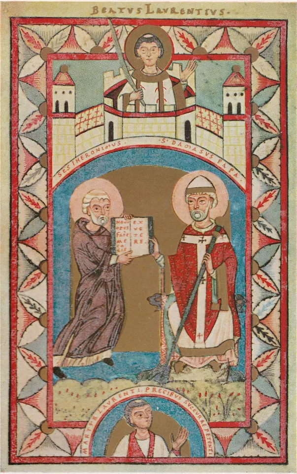 Romanesque manuscript painting of a haloed monk handing an open book to a haloed pope with a crozier, with St. Lawrence in a heavenly city above and a praying monk below
