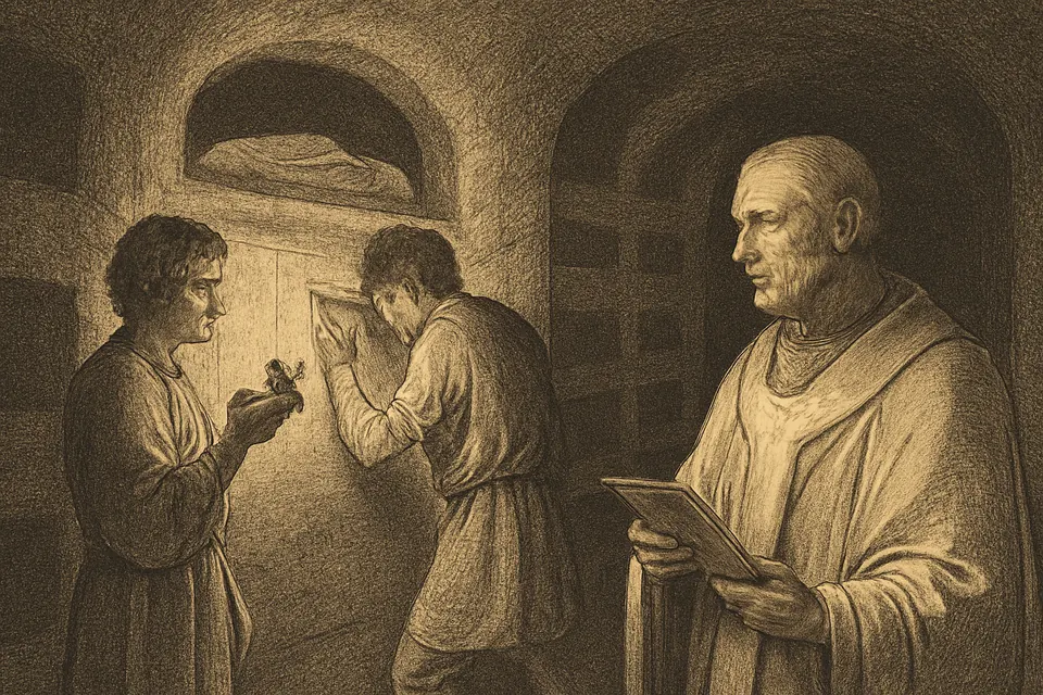 Engraving-style scene of an aged pope watching a stone carver cut elegant Latin capitals into a marble slab by lamplight in a Roman catacomb