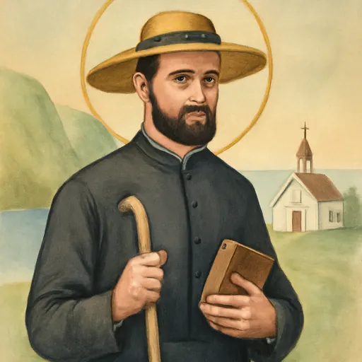 Watercolor holy-card portrait of St. Damien as a priest in a black cassock and a wide-brimmed straw hat, holding a walking stick, with green sea cliffs behind him