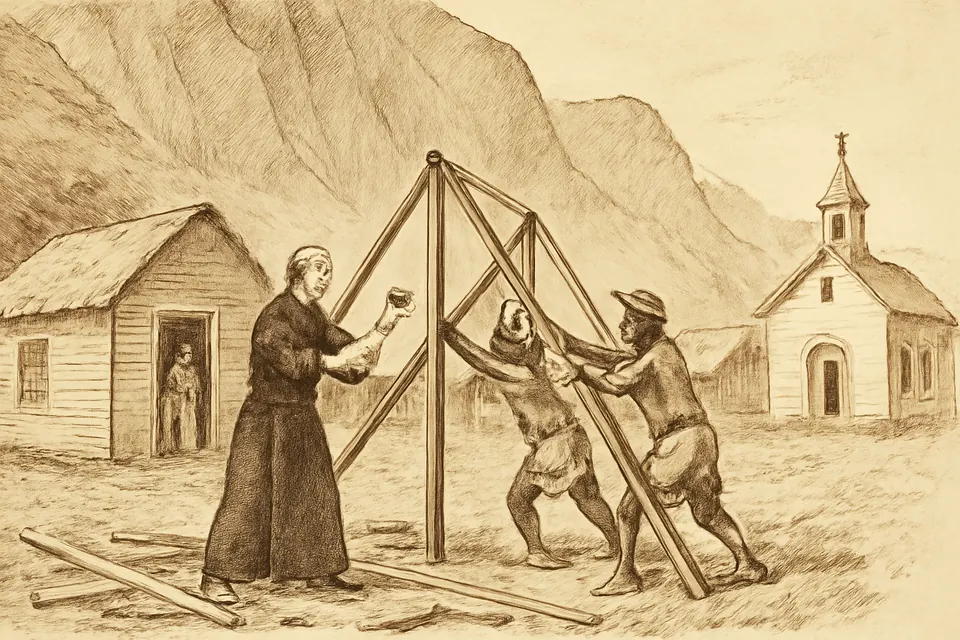 Drawing of Father Damien and men of the Kalawao settlement raising the wooden frame of a cottage together