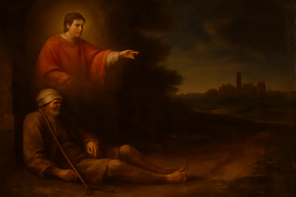 Oil-painting-style scene of a blind traveler asleep by the road at night, visited in a dream by a young deacon pointing toward the city of Padua