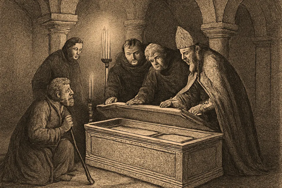 Engraving-style scene of monks and a bishop opening an ancient marble sarcophagus by lamplight in 1075 and finding the body of St. Daniel